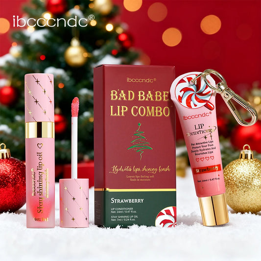 2pcs Bad Girl Glossy Christmas Lip Gloss Set Strawberry Lip Balm and Lip Gloss Combo Long-Lasting Hydrating Plump Lips Christmas Peaceful Pleasures Health and Wellness