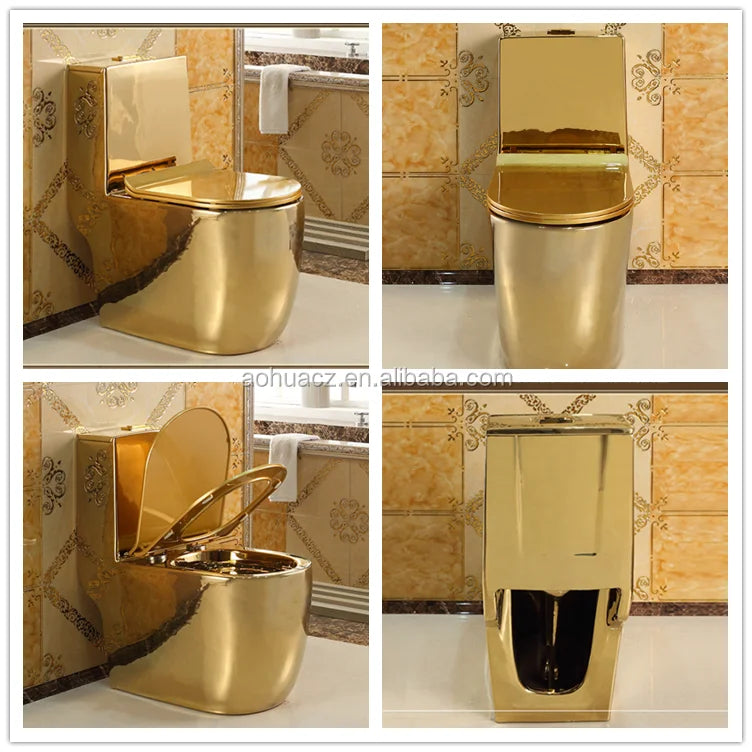 Gold One-Piece Ceramic Toilet | Dual-Flush Floor Mounted