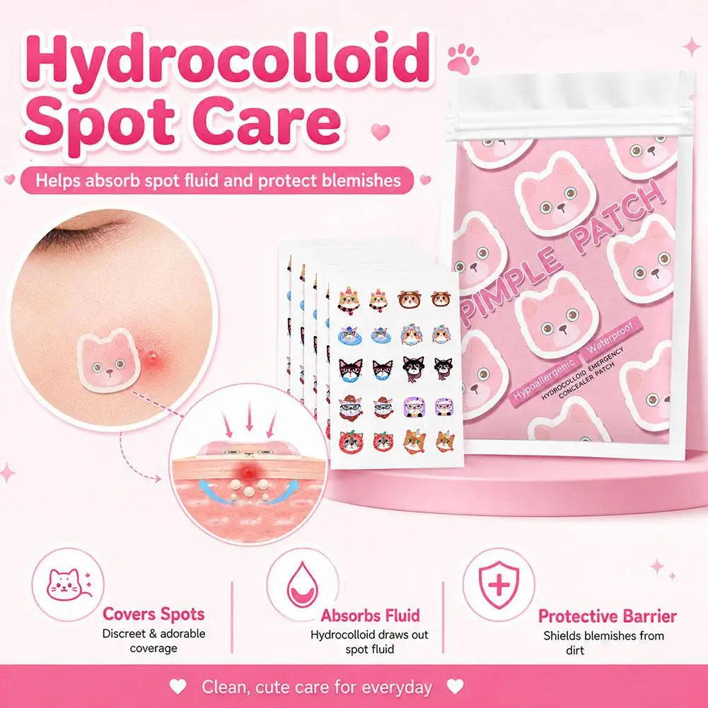 100pcs Cute Cat Pimple Patches Cartoon Acne Spot Covering Stickers Waterproof Breathable Skincare Stickers Invisible Makeup Tool Peaceful Pleasures Health and Wellness