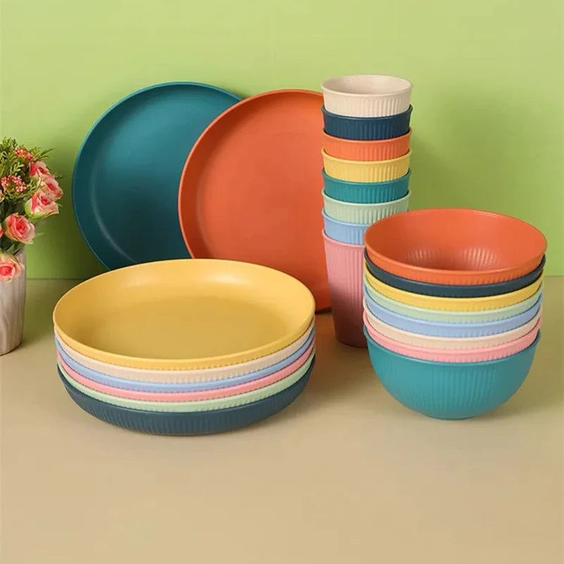 4pcs Wheat Straw Dinnerware Set Eco-friendly Safety Plates Cups Bowels Home Party Tableware Set Outdoor Camp Candy Colour Gift Peaceful Pleasures Health and Wellness