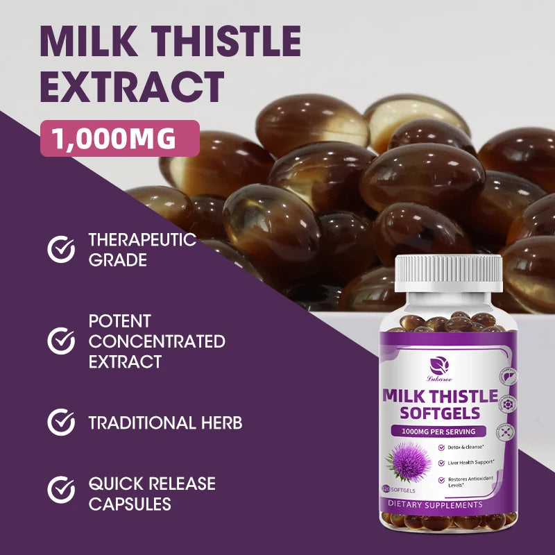 Bottle of Milk Thistle Softgels with capsules on a purple and white background