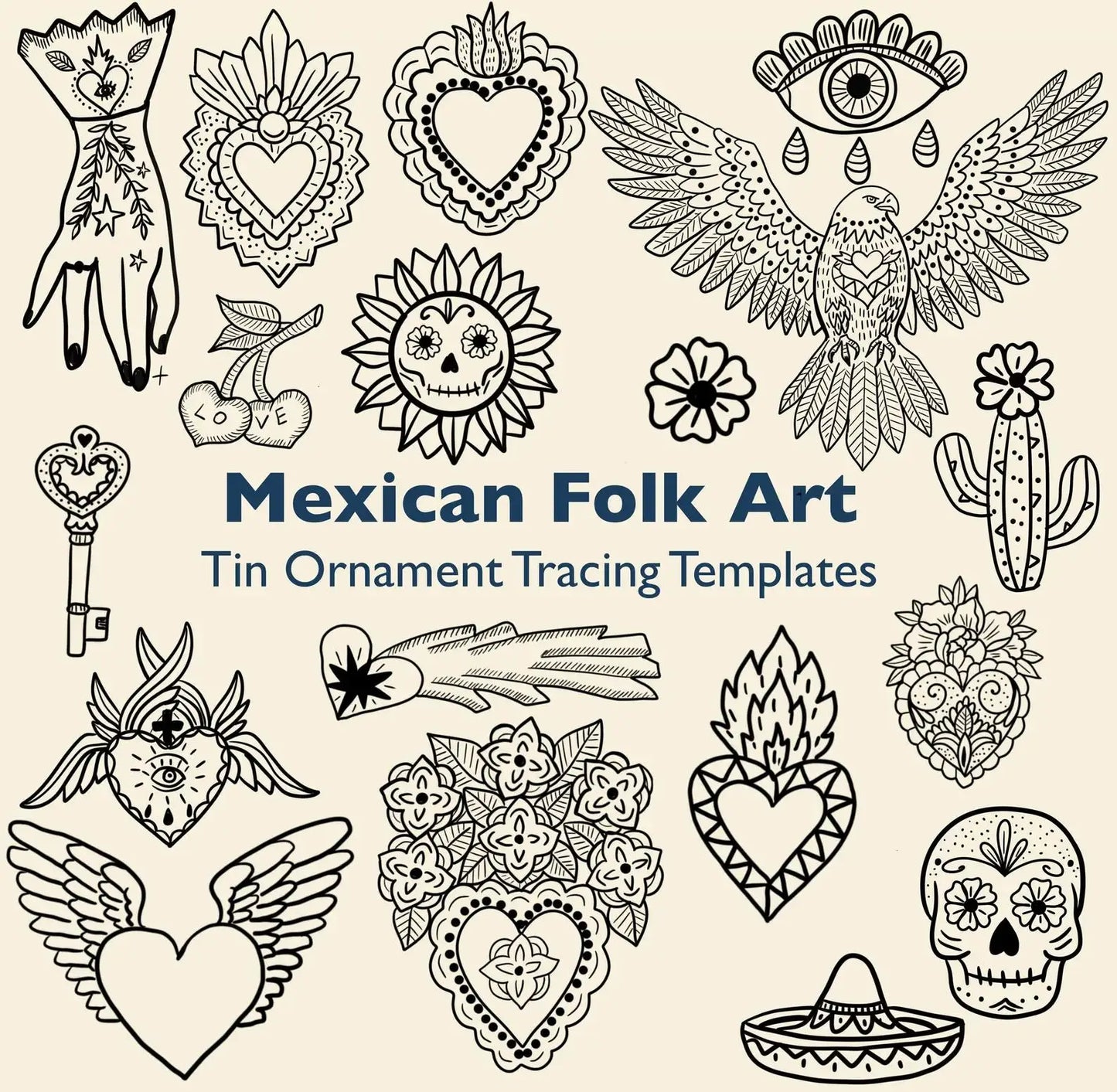 Mexican Folk Art Sacred Heart & Eagle Line Tin Ornament Tracing Set - DIY Foil Embossing Kit for Crafts Peaceful Pleasures Health and Wellness