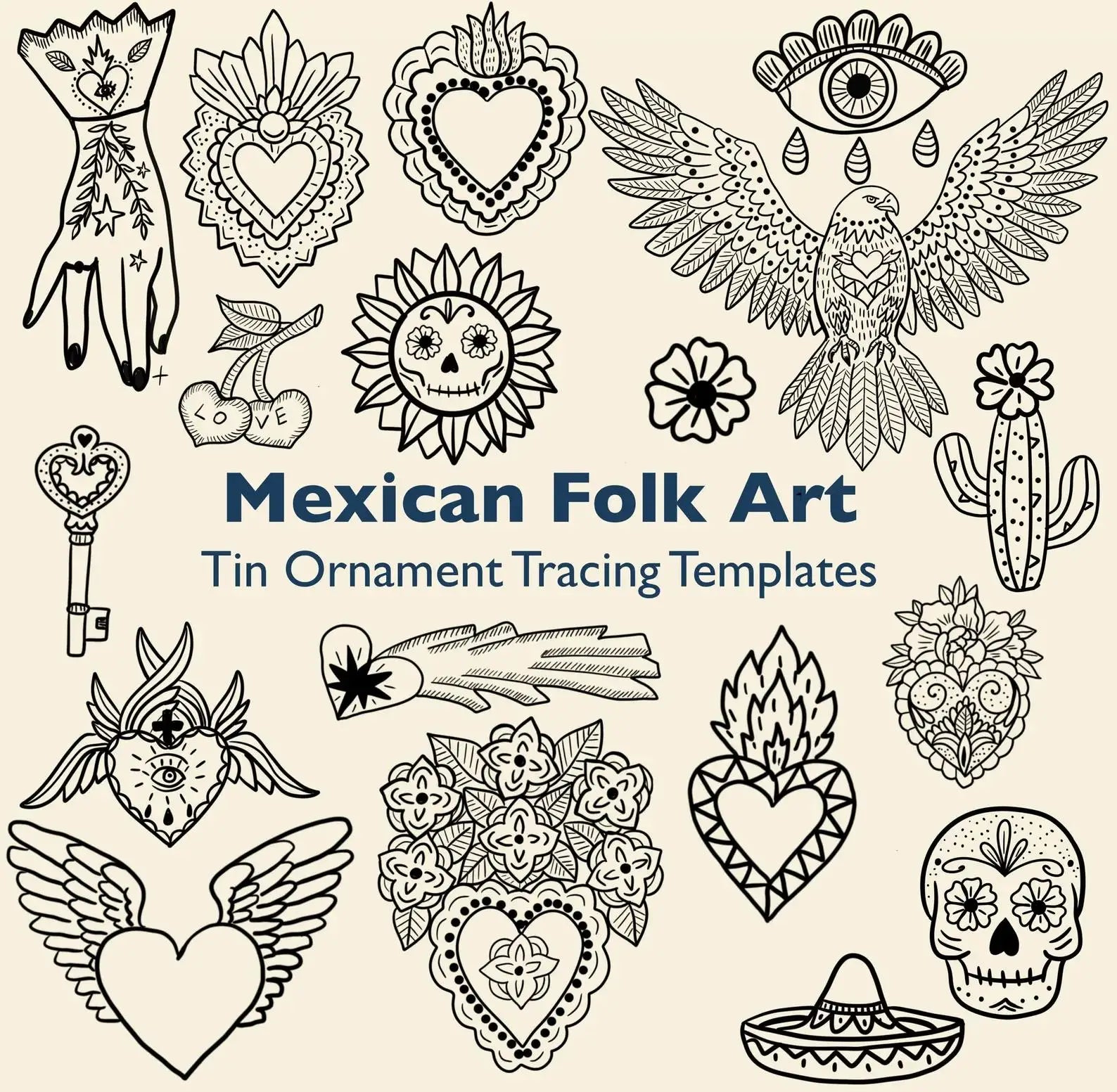 Mexican Folk Art Sacred Heart & Eagle Line Tin Ornament Tracing Set - DIY Foil Embossing Kit for Crafts Peaceful Pleasures Health and Wellness