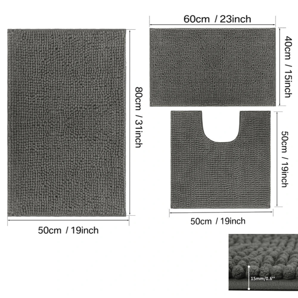 3Pc Sets Bath Mats Non Slip Memory Foam Bathroom Soft Rugs Water Absorption Dry Fast Bath Mat Machine Washable For Home Floor Peaceful Pleasures Health and Wellness 15mm Chenille darker 3pcs set