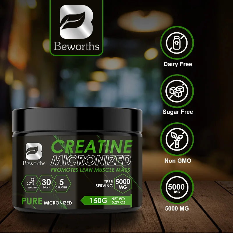 Beworths Creatine Micronized supplement container on a wooden surface with brand logo and product details.