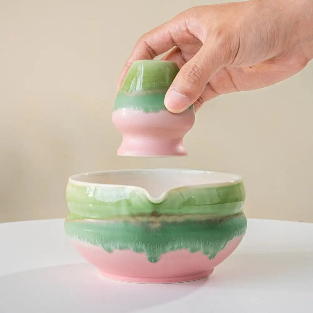 Ceramic Matcha Bowl with Pouring Spout & Whisk Holder Set