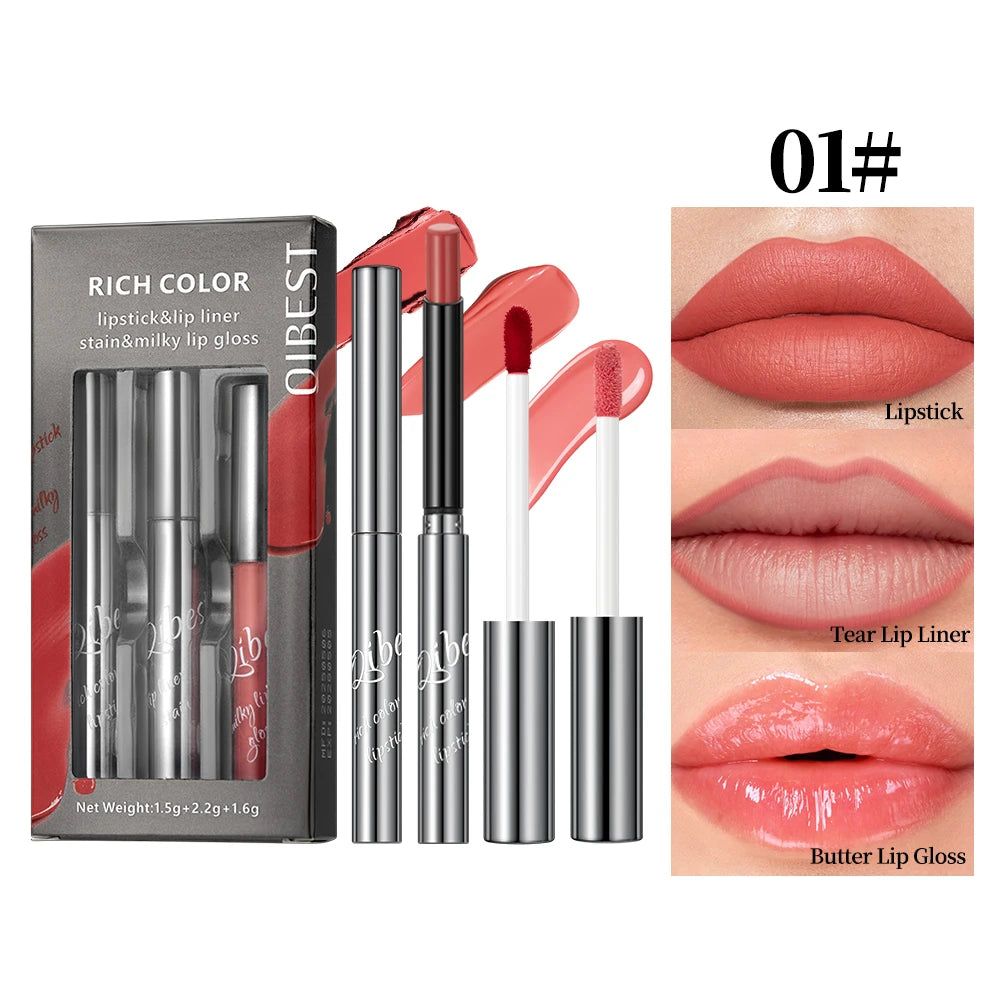 QIBEST New 3pcs Liquid Lipstick + Lip Liner +Lip Glaze Makeup Set Nude Black Velvet Lip Gloss Tint Long Lasting Cosmetics Kits Peaceful Pleasures Health and Wellness SET 01
