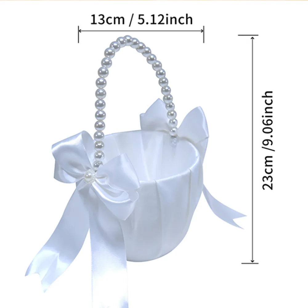 Custom Flower Girl Basket | Pearl Handle & Bow Ribbon Wedding Wedding Flower Basket Peaceful Pleasures Health and Wellness
