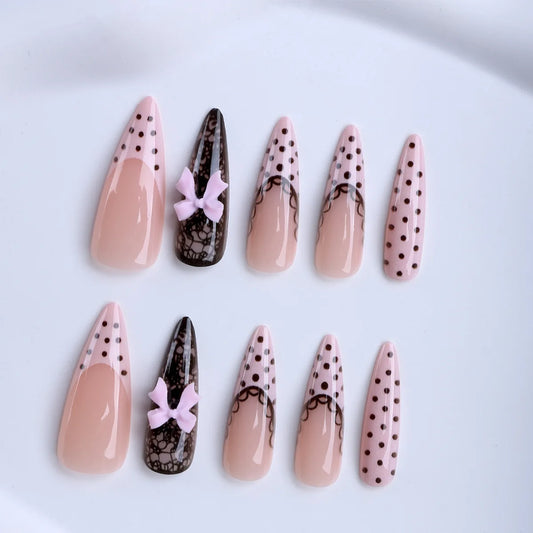 24pcs Sweet Y2k Style False Nails Elegant Almond Shape For Party Wedding Black Polka Dot Lace Press On Nails French Manicure Kit Peaceful Pleasures Health and Wellness A