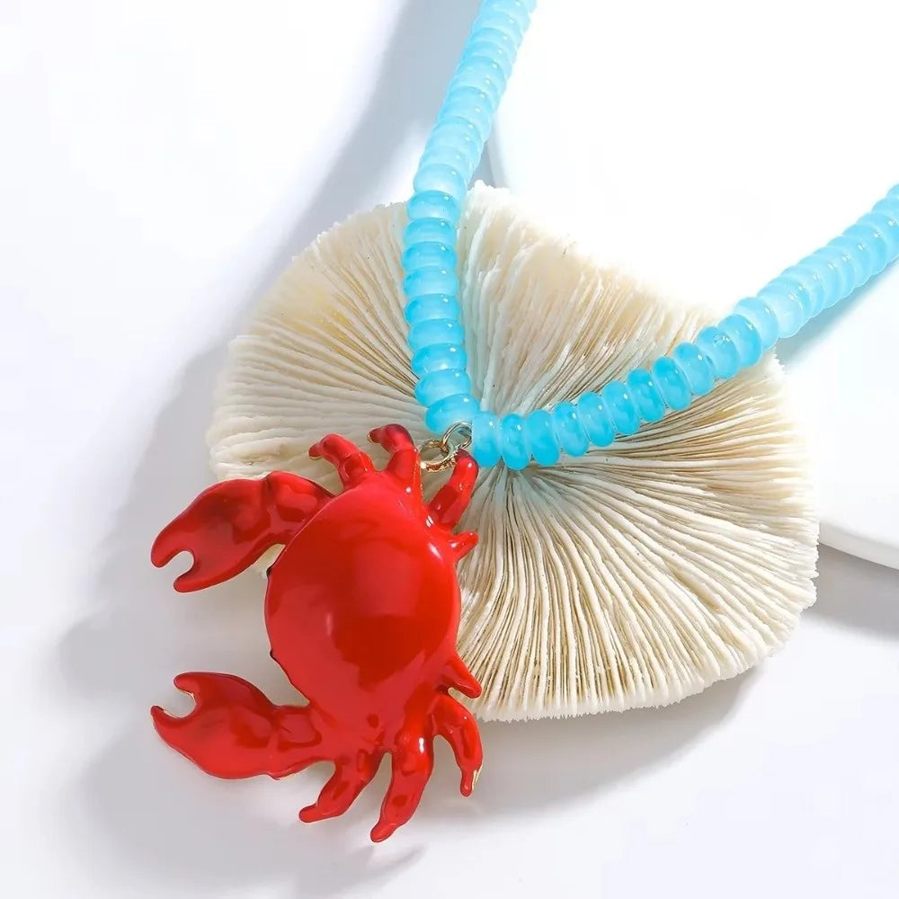 Beaded Crab Pendant Necklace – Boho Enamel Summer Jewelry
