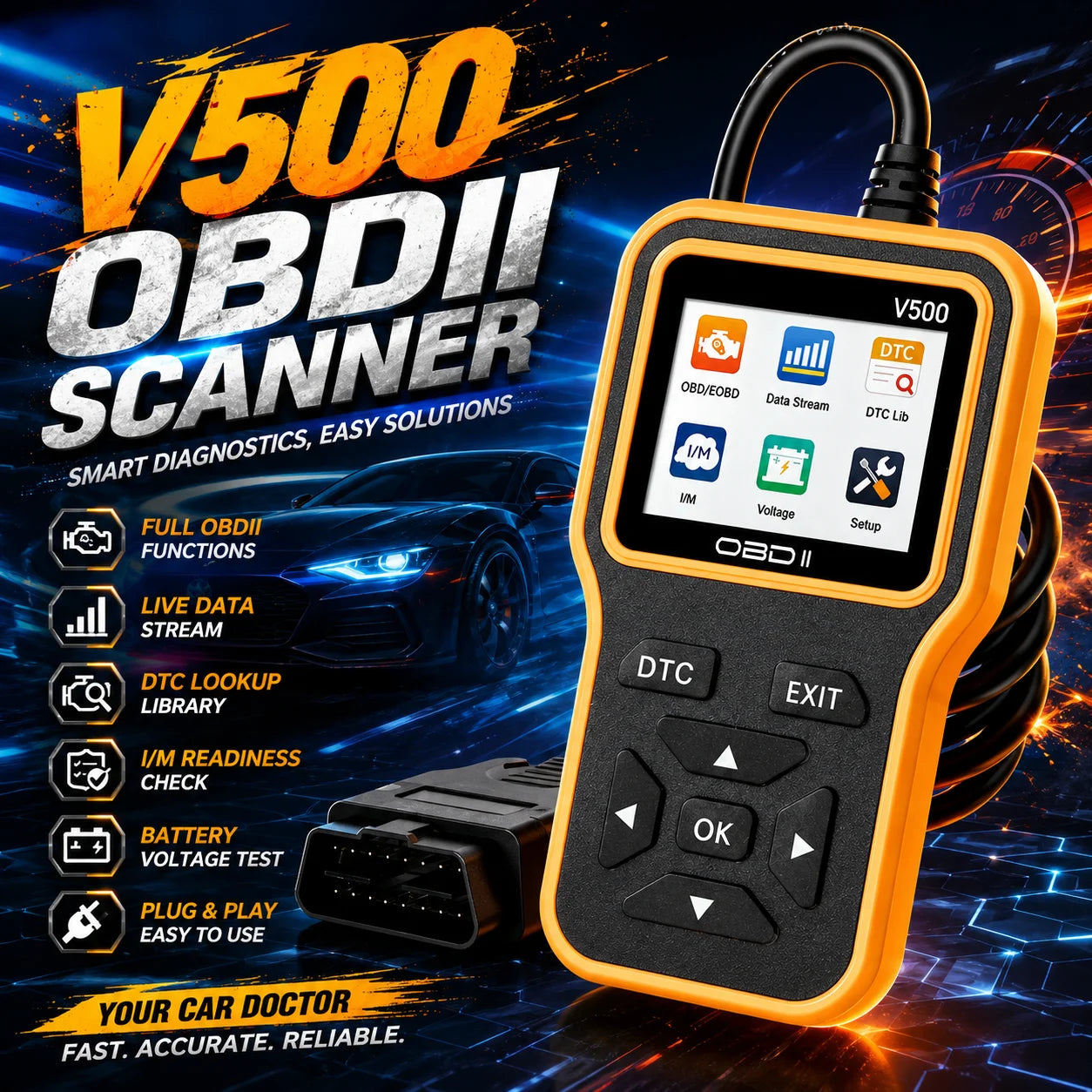 V500 Obdii Scanner Automotive Diagnostic Tool Engine Code Reader Erase Fault Codes Battery Voltage Charging Test for Cars Peaceful Pleasures Health and Wellness YELLOW