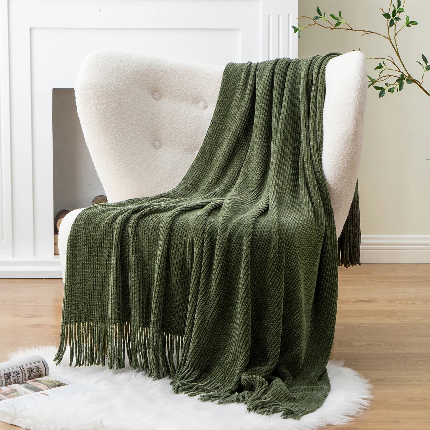 Battilo Chenille Knit Blankets with Tassels Green Plaid Throw Blanket for Bed Couch Decorative Sofa Blanket Bedroom Spring Decor Peaceful Pleasures Health and Wellness