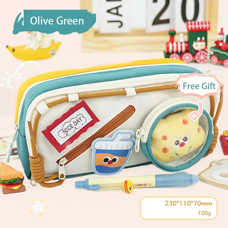 Cute Canvas Pen Bags Multi-layers Large Capacity Good-looking Pencil Cases Ins Style School Stationery Supplies Gift For Kids Peaceful Pleasures Health and Wellness Green