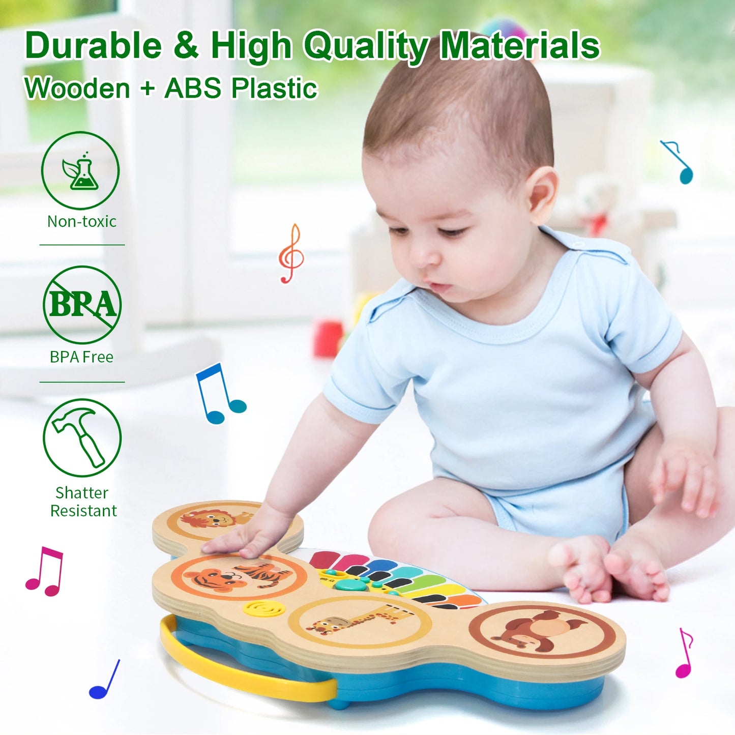 Wooden 2in1 Keyboard Piano Clapping Drum Music Light Cartoon Animals