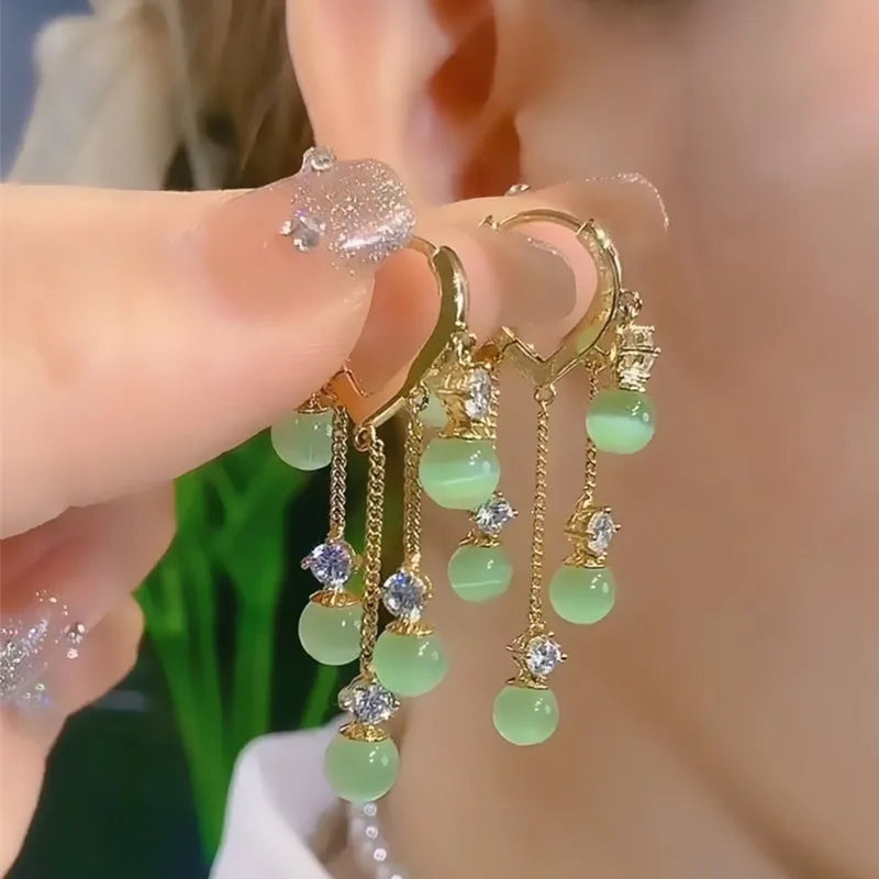 New Fashionable Niche Design, Emerald Cat Eye Stone Ear Buckle, Women's Temperament Earrings, Tassel Long Earrings Peaceful Pleasures Health and Wellness GREEN DRAGONFLY