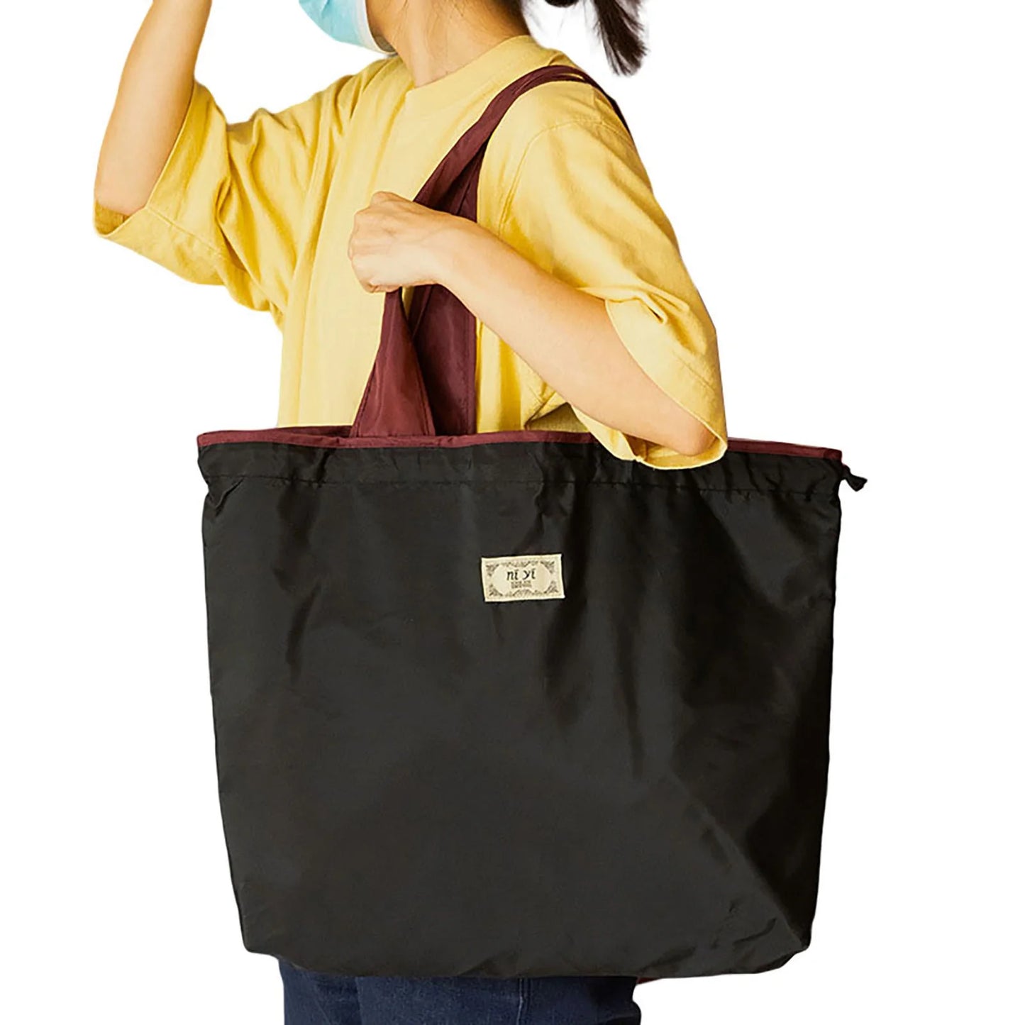 Portable Reusable Grocery Bags Eco-friendly Bags with Drawstring Closure for Trip or Shopping Fruit Holder Peaceful Pleasures Health and Wellness L Black