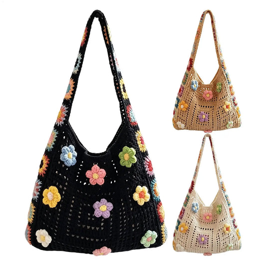 Handmade Crochet Bag For Women Girls, Floral Knit Beach Tote Summer Handbag For Travel Vacation Music Festival Dating Peaceful Pleasures Health and Wellness