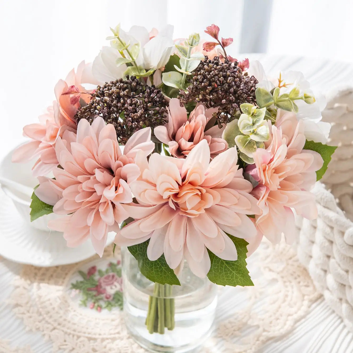 Artificial Silk Dahlia Camellia Bouquet | Wedding & Home Decor