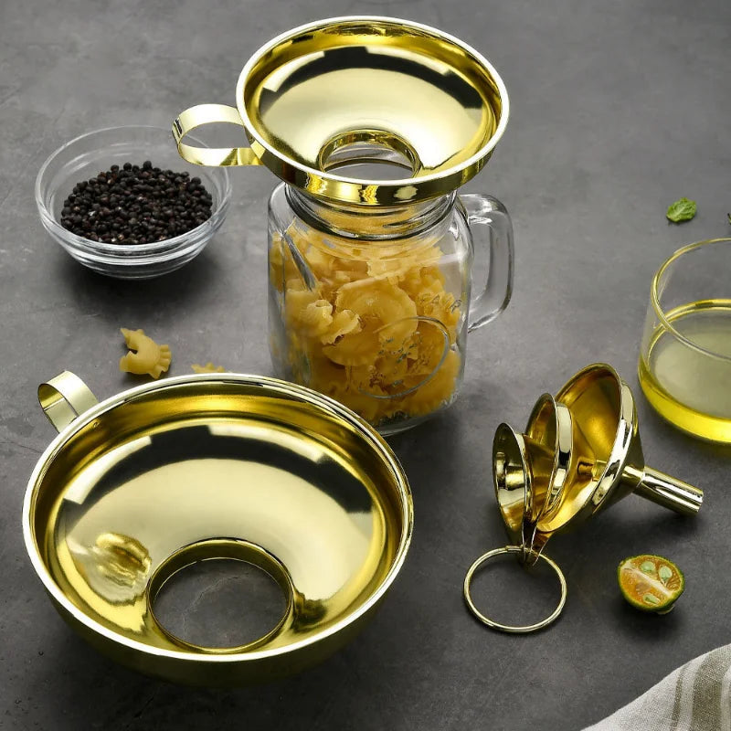 Golden wide-mouth funnel Food Grade Stainless Steel Kitchen Small Mini Metal Gold Food Funnel for Filling Bottles Kitchen Use Peaceful Pleasures Health and Wellness