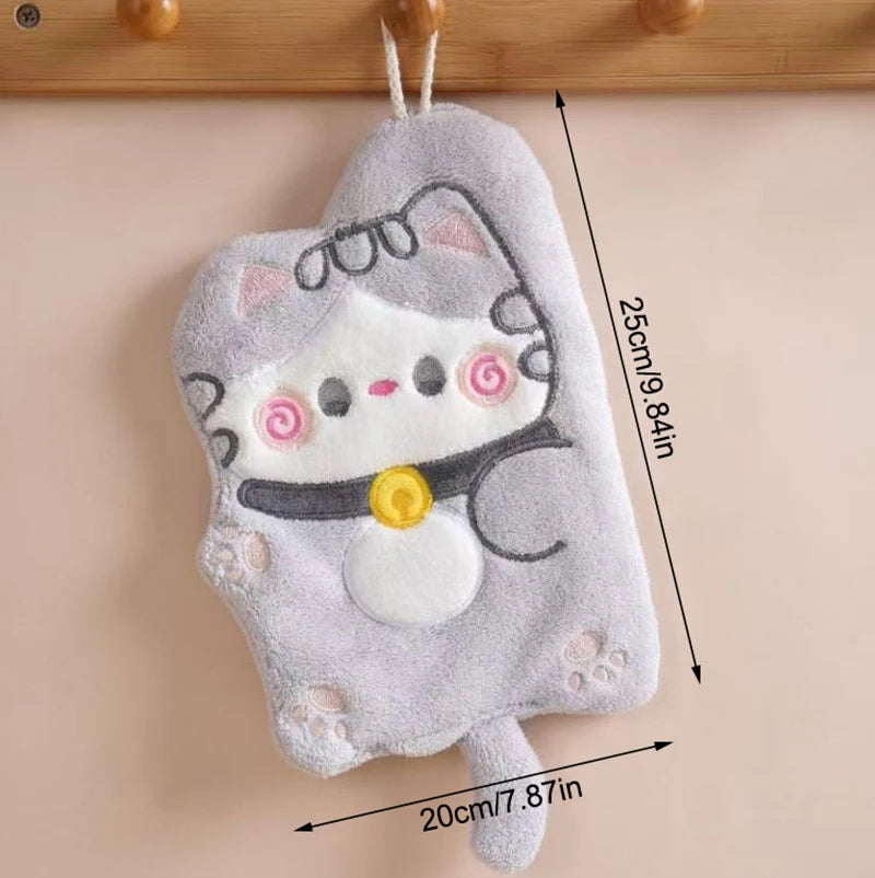 Cute Cat Hand Towel | Absorbent Coral Fleece Hanging Kitchen Rag