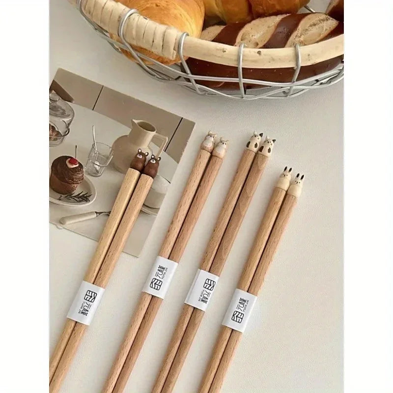 Practical Cute Shiba Bear Rabbit Cats Tableware Beech Wood Chopsticks Practical Wooden Dinnerware Hand Carved Beech Chopsticks Peaceful Pleasures Health and Wellness