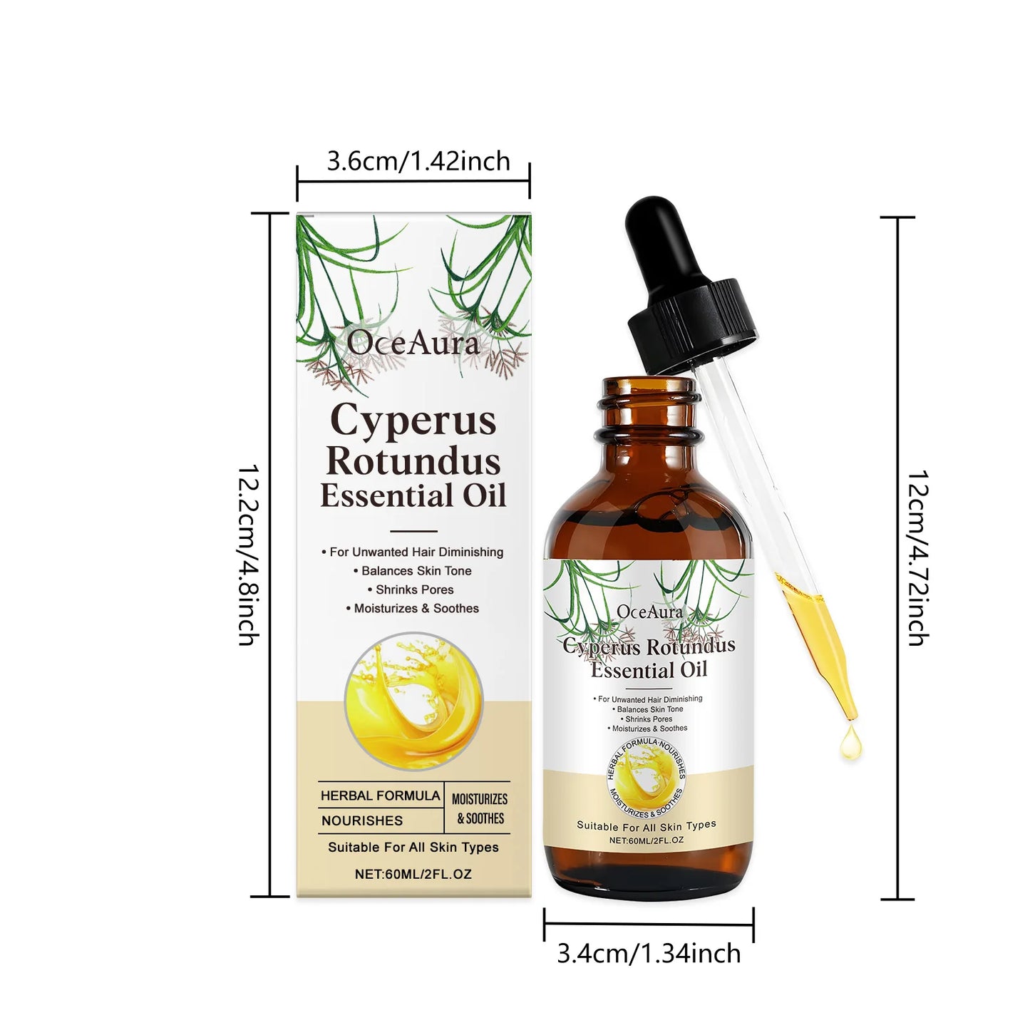 OceAura Cyperus Rotundus Body Oil 60ml | Hair Removal Skin Care