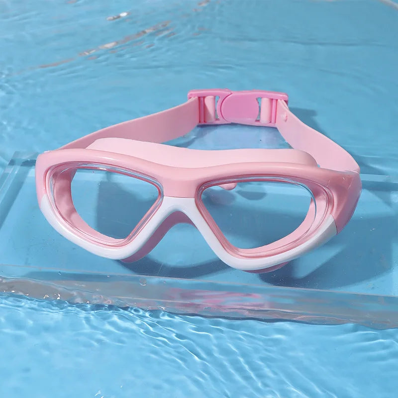 High-definition Children's Waterproof and Anti Fog Swimming Large Frame Glasses Convenient Goggles Silicone Connected Earplugs Peaceful Pleasures Health and Wellness pink Boxed