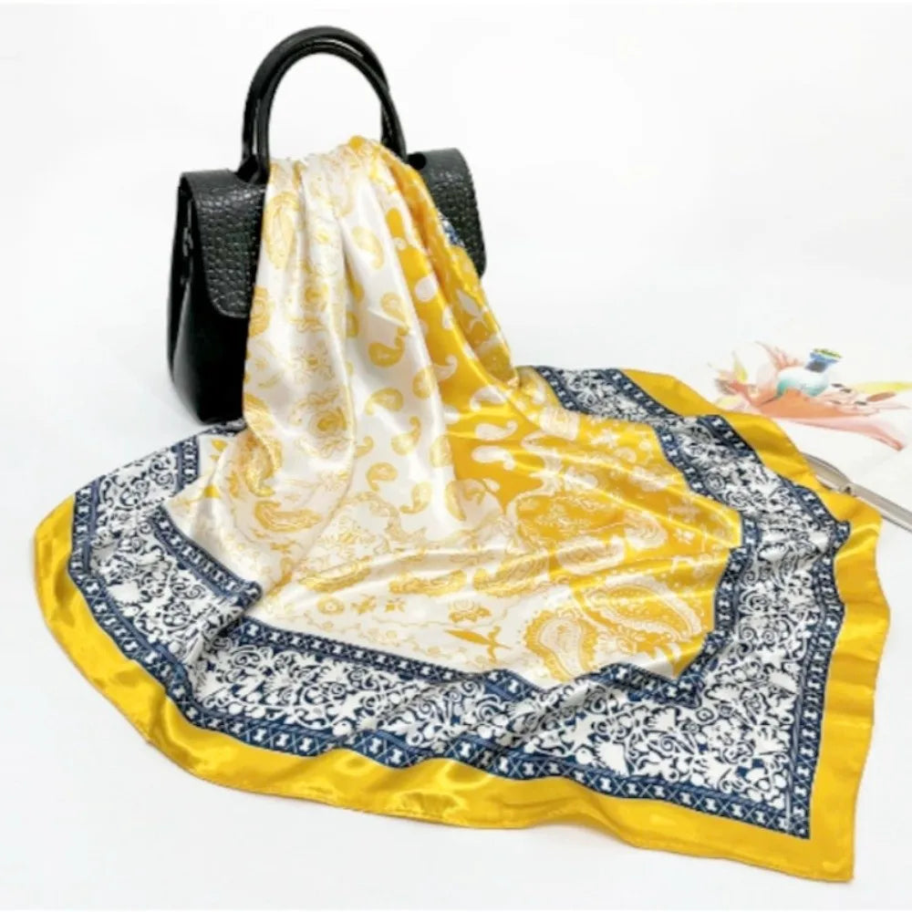 90x90cm Satin Square Scarf – Bohemian Floral Hair Wrap & Shawl
