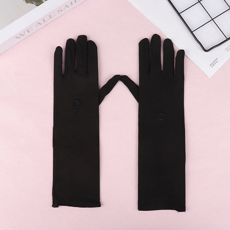31cm Medium Long Embroidered Gloves Women Sunscreen Driving Gloves Stretch Anti-UV Breathable Glove Spring Summer Thin Gloves Peaceful Pleasures Health and Wellness Black
