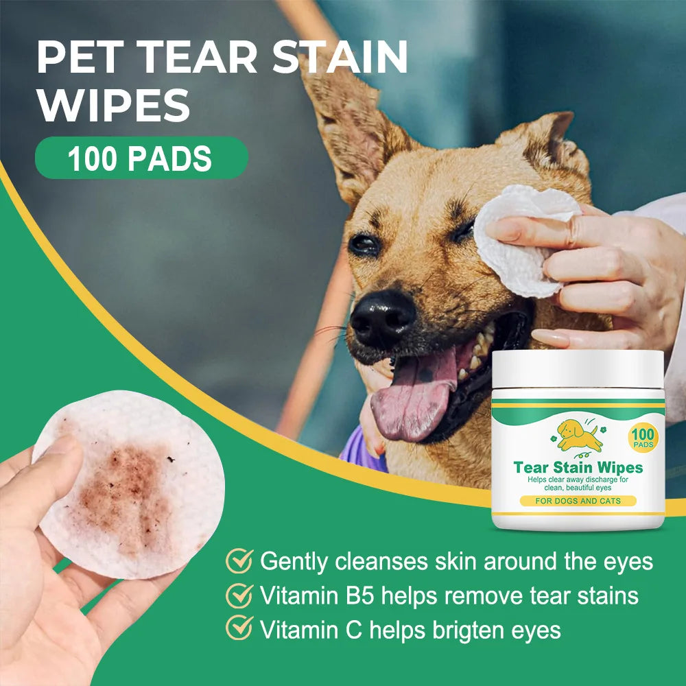 Pet Tear Stain Wipes 100 Pads – Vitamin B5 & C for Dogs & Cats