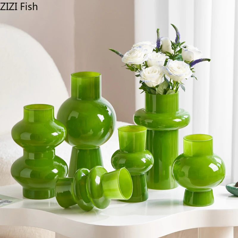 Green Glass Vase | Hydroponics Plant Pot & Floral Decor