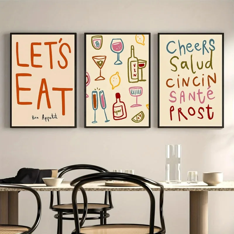 3-Piece Art Deco Minimalist Kitchen Canvas Wall Art | Letter Print Canvas Wall Art Set Peaceful Pleasures Health and Wellness