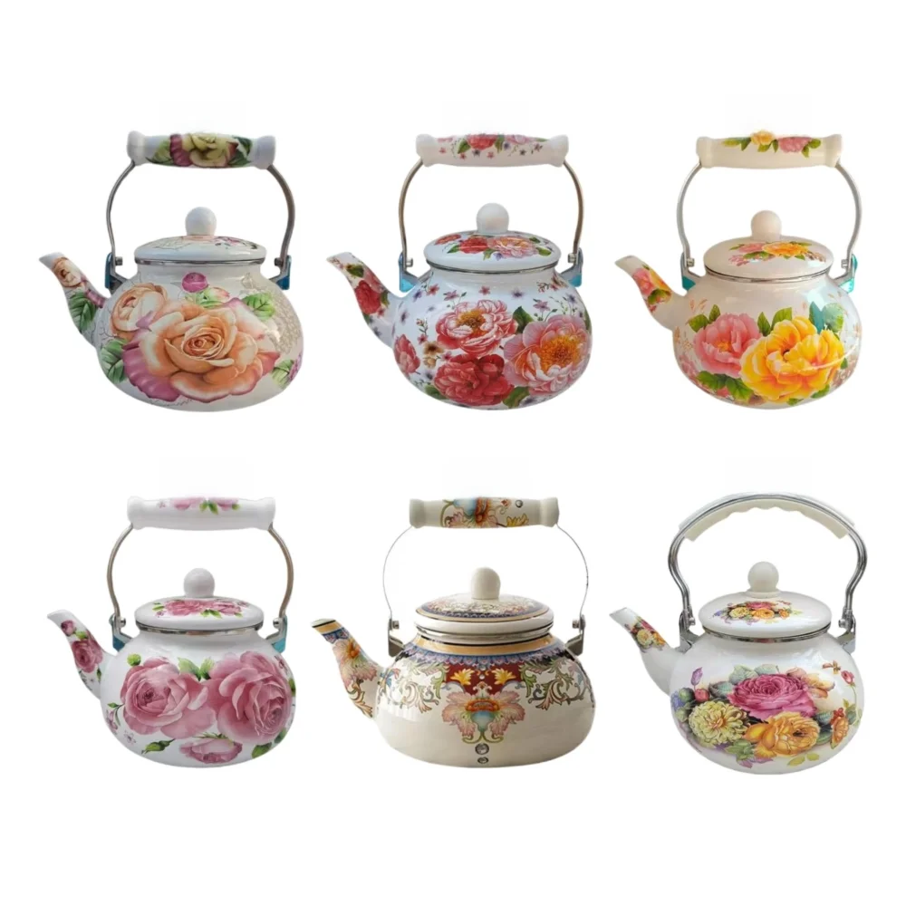 Chinese Style Enamel Teapot Floral Enameled 2.5L Gas Water Kettle Antiscald Handle Pear-shaped Coffee Pot Gas Induction Cooker Peaceful Pleasures Health and Wellness