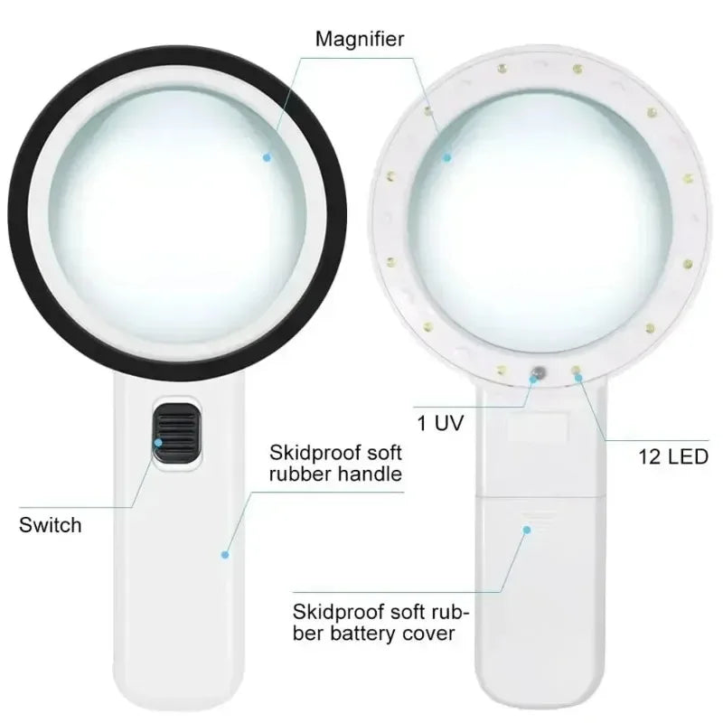 30X Handheld Portable Magnifier 12 LED Illuminated with UV Light Magnifying Loupe for Reading Jewelry Watch Repair Peaceful Pleasures Health and Wellness