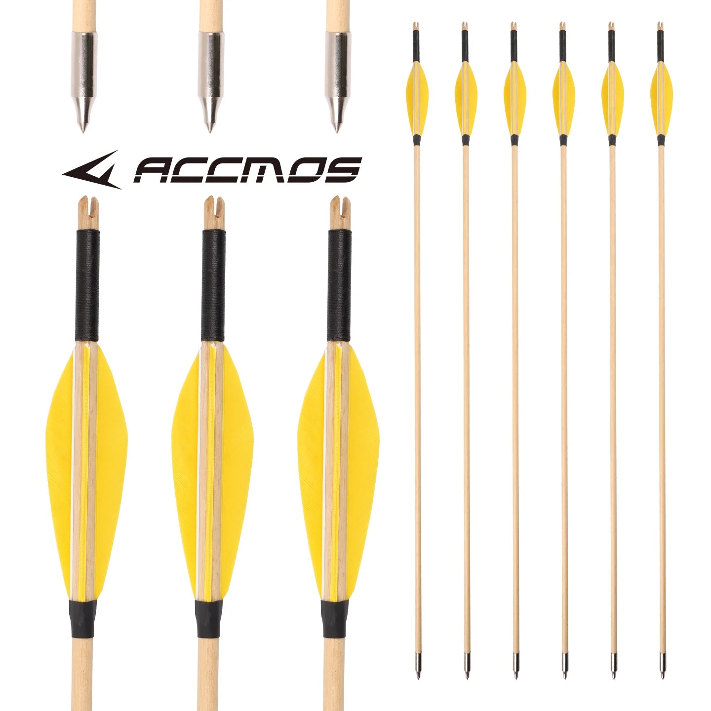 6 12 Wooden Arrows Recurve Bow Yellow Vanes Steel Tips Hunting Target