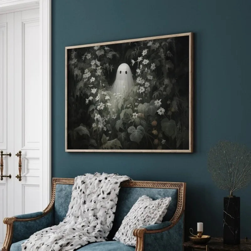 Vintage Spooky Halloween Prints Poster Dark Ghost Pumpkin Autumn Canvas Painting Moody Wall Art Gallery Living Room Home Deco Peaceful Pleasures Health and Wellness
