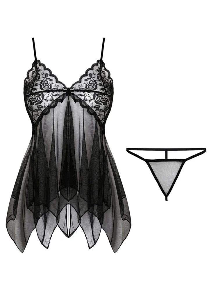 Sexy Lingerie Women Silk Lace Sleeveless Babydoll V Neck Nightdress Nightgown Short Sleepwear Night Dress Underwear Peaceful Pleasures Health and Wellness black