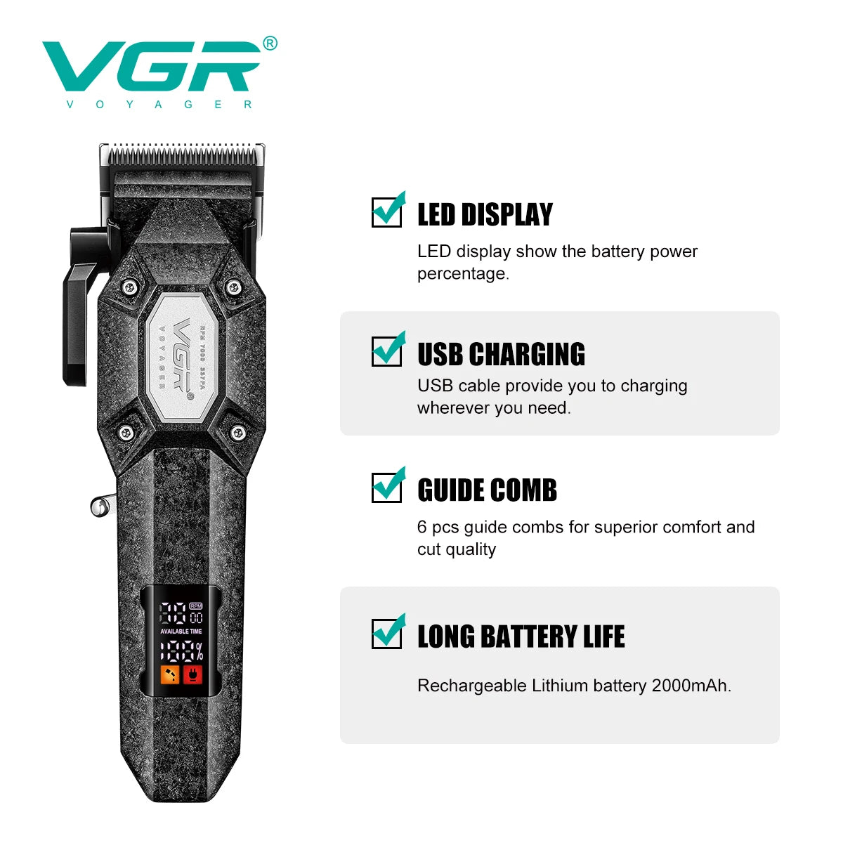VGR electric men's hair clipper LED intelligent digital hair trimmer frosted multi gear adjustable electric push shear V-600B Peaceful Pleasures Health and Wellness