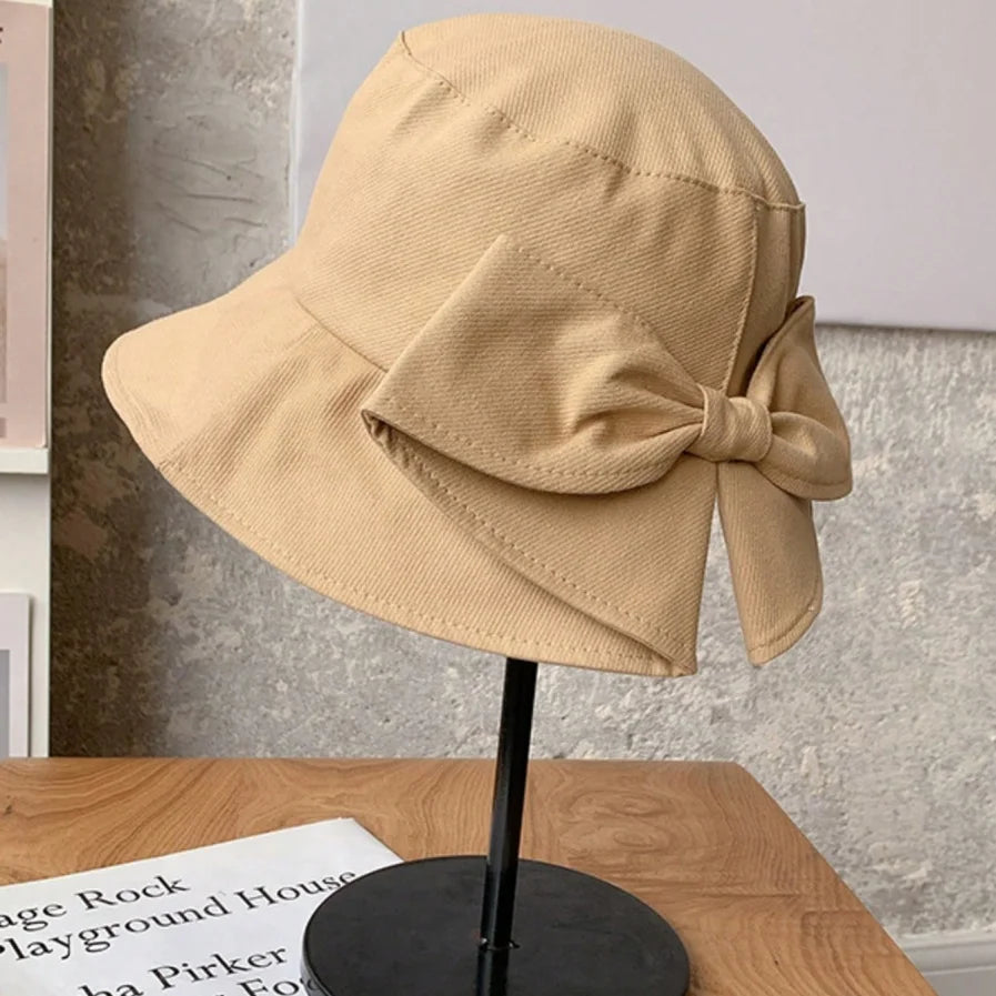 1-Piece Solid Color Bow-Shaped Sun Hat for Women, Summer Japanese Style Casual Hepburn Style Sun Hat with Bow, Versatile Wide-Brimmed Sunshade Peaceful Pleasures Health and Wellness