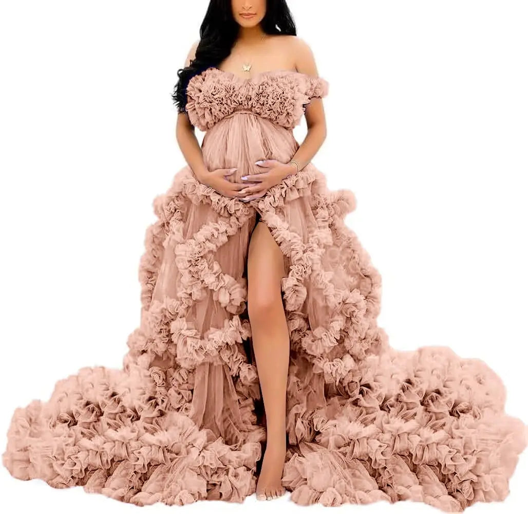 Photoshoot & Baby Shower Tulle Maternity Dress - Off Shoulder, Puffy Ruffles, Elegant Long Robe for Pregnancy Peaceful Pleasures Health and Wellness Dusty Rose US 4