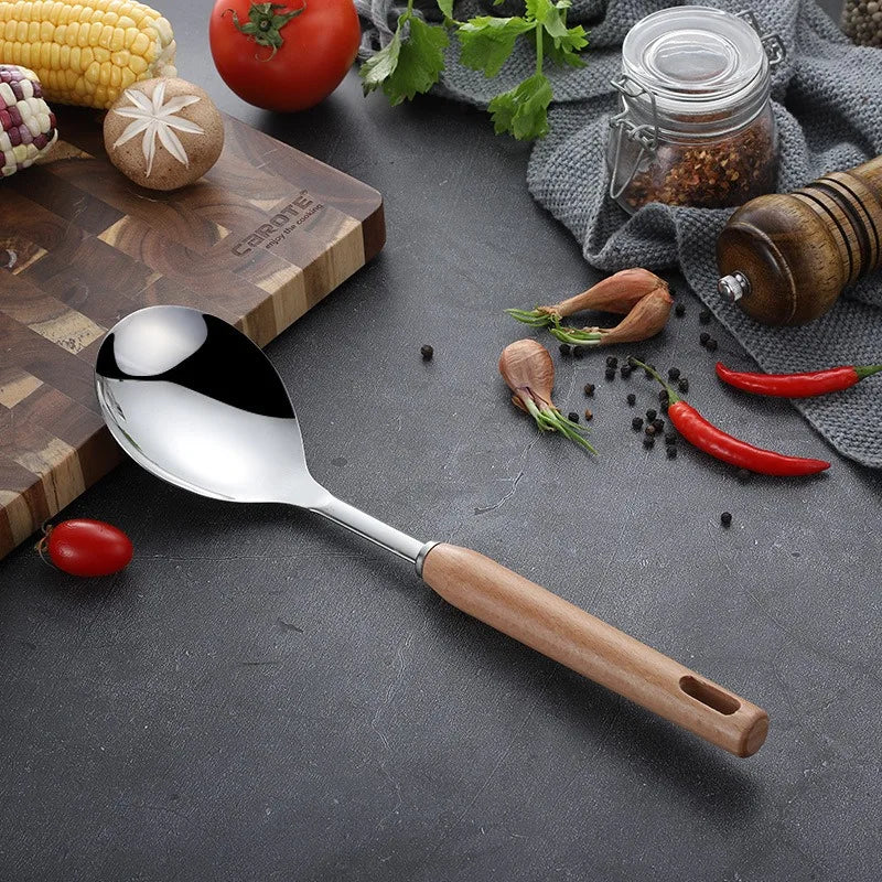 6-Piece Wooden Handle Stainless Steel Kitchen Utensil Set – Beech Wood Cooking Spoons & Spatulas