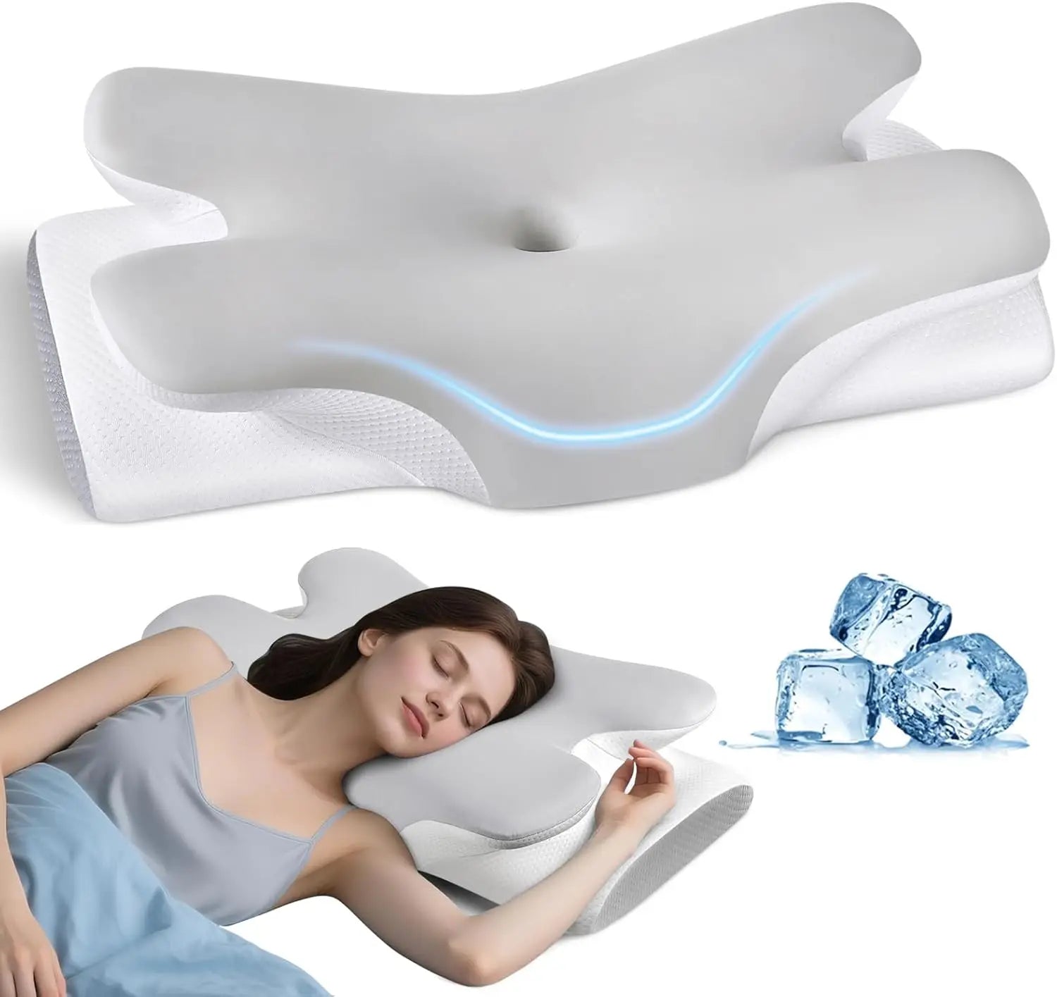 Ergonomic pillow with a woman sleeping on it and ice cubes on a white background