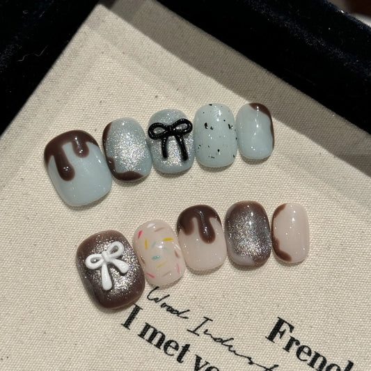 Handmade Press on Nails White Black Bowknot French Fake Nails for Women Girl Wearable Shiny Cat Eye Short Round False Nail Tips Peaceful Pleasures Health and Wellness L