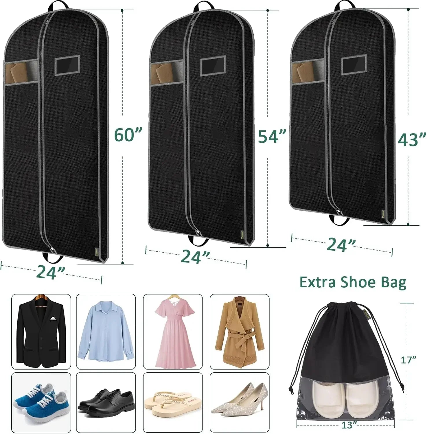 Heavy Duty Garment Bag with Shoe Storage, 43" Black Travel Essential for Dresses and Suits Peaceful Pleasures Health and Wellness