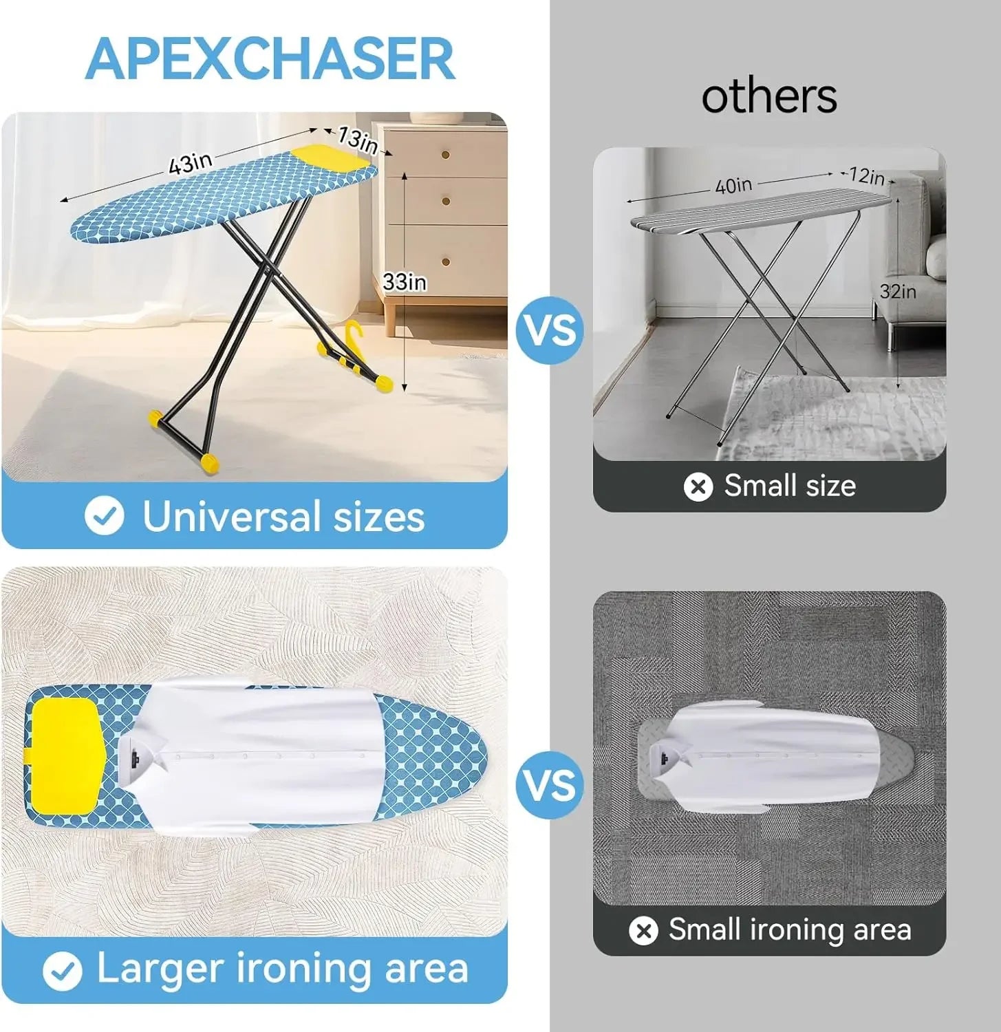 Compact Adjustable Ironing Board with Extra Thick Cover, Wall Mount & Space Saver Design in Yellow Peaceful Pleasures Health and Wellness