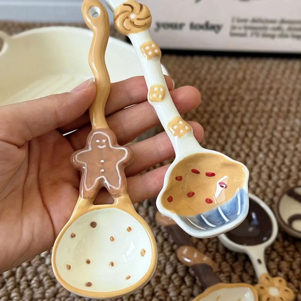 High Aesthetic Ceramic Long Handled Spoon Cute Baking Bread and Biscuit Design Household Rice Spoon Soup Spoon Underglaze Color Peaceful Pleasures Health and Wellness