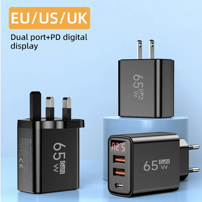 65W GaN USB-C Fast Charger 3-Port PD Quick Charge Display