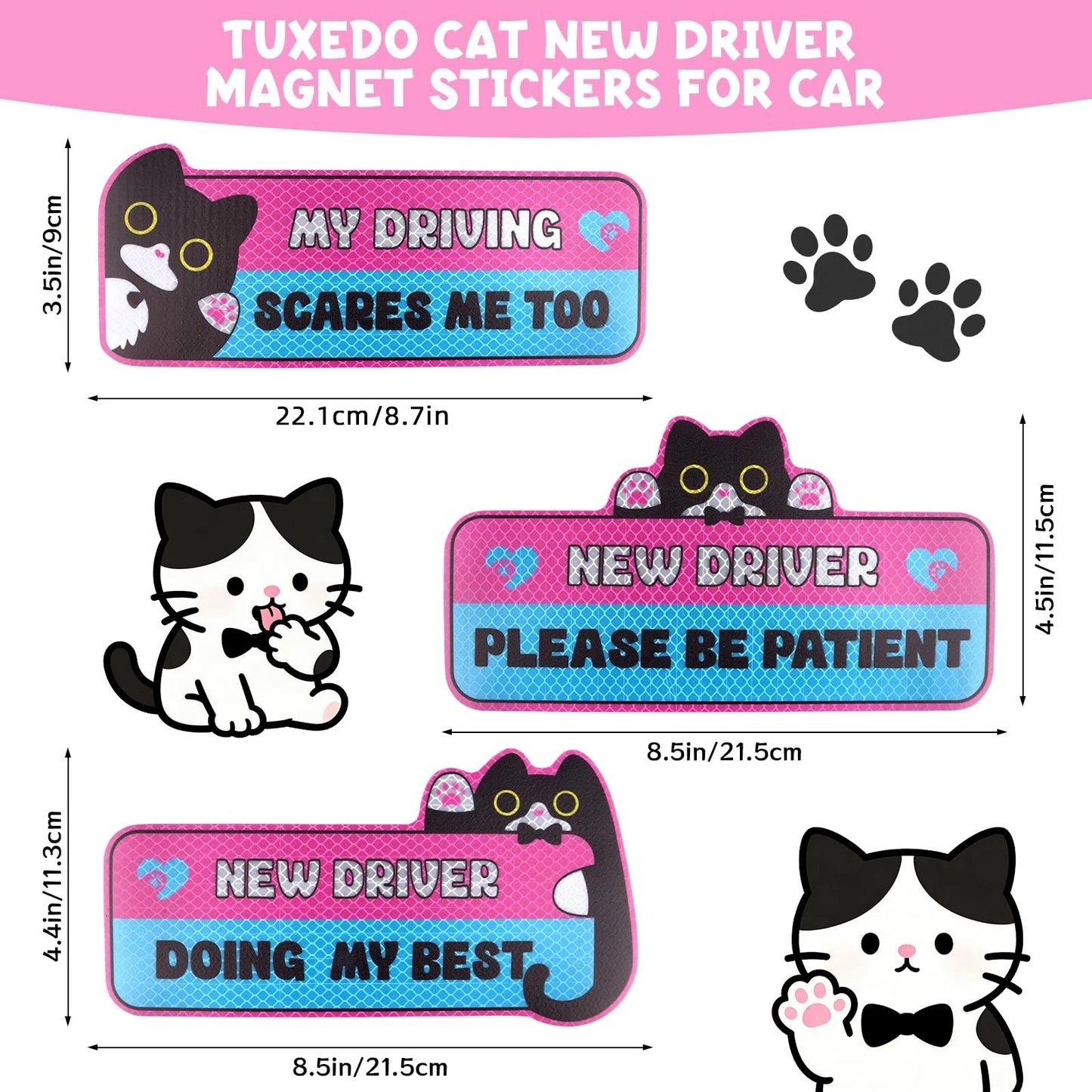 3-Pack Funny Cat New Driver Reflective Magnetic Car Signs