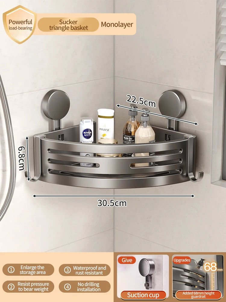 No-Drill Corner Shower Shelf | Adhesive Suction Cup Wall Rack
