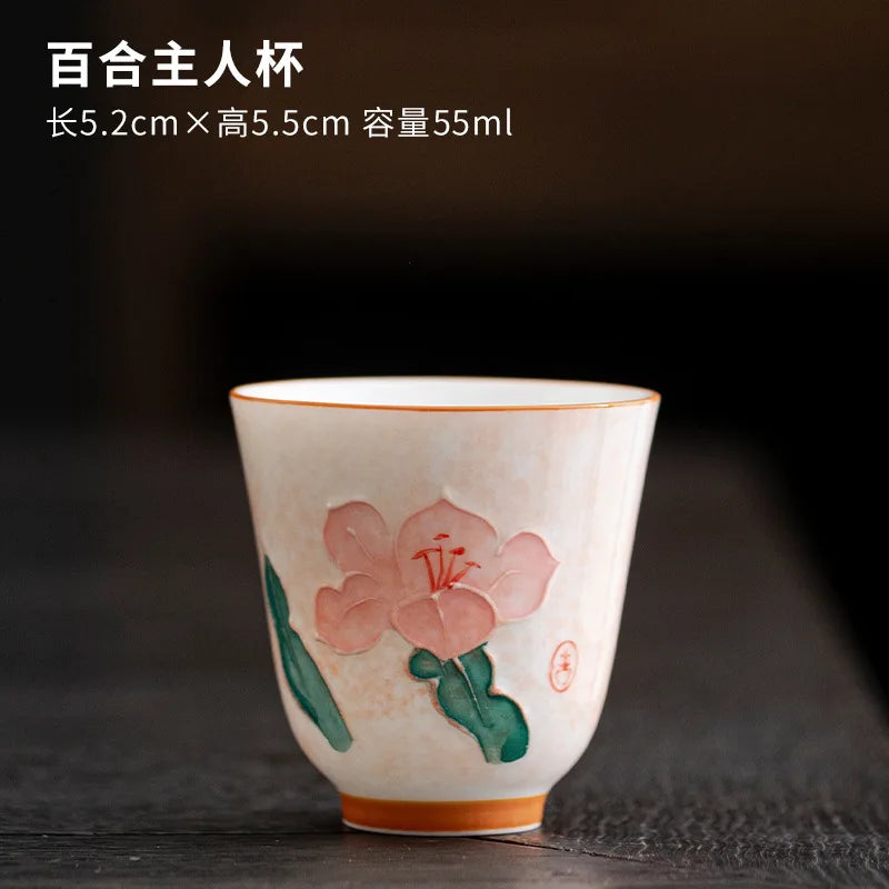 Hand-Painted Lotus Ceramic Teacup | 55ml Porcelain Tea Cup Ceramic Teacup Peaceful Pleasures Health and Wellness <200ml Lily